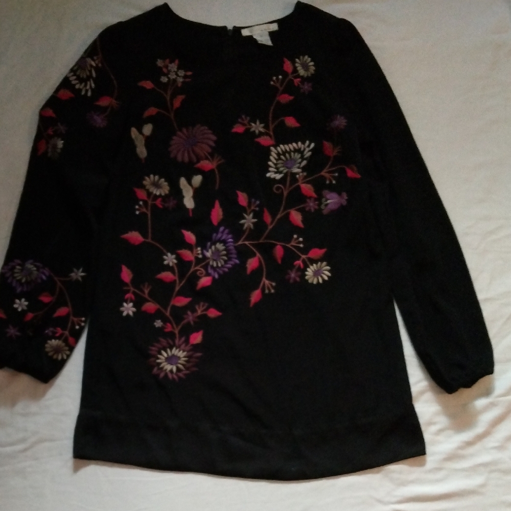 WD.NY Black Blouse with Pink and Purple Floral Design